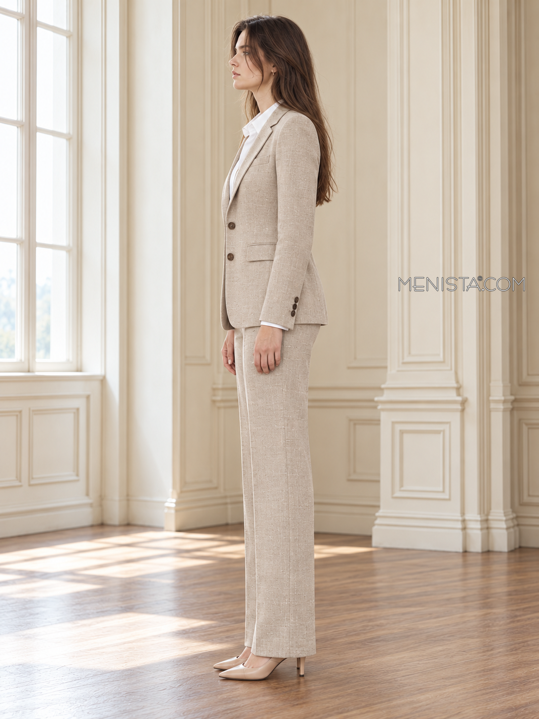 Cyrene oatmeal linen suit, upright full-body side profile.