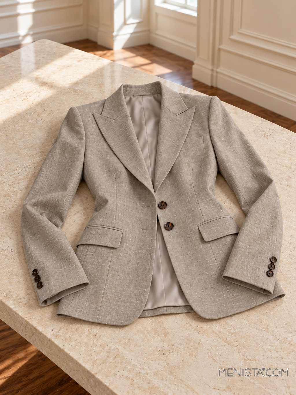 Demetria stone taupe linen jacket spread flat on a stone table with both sleeves supported.