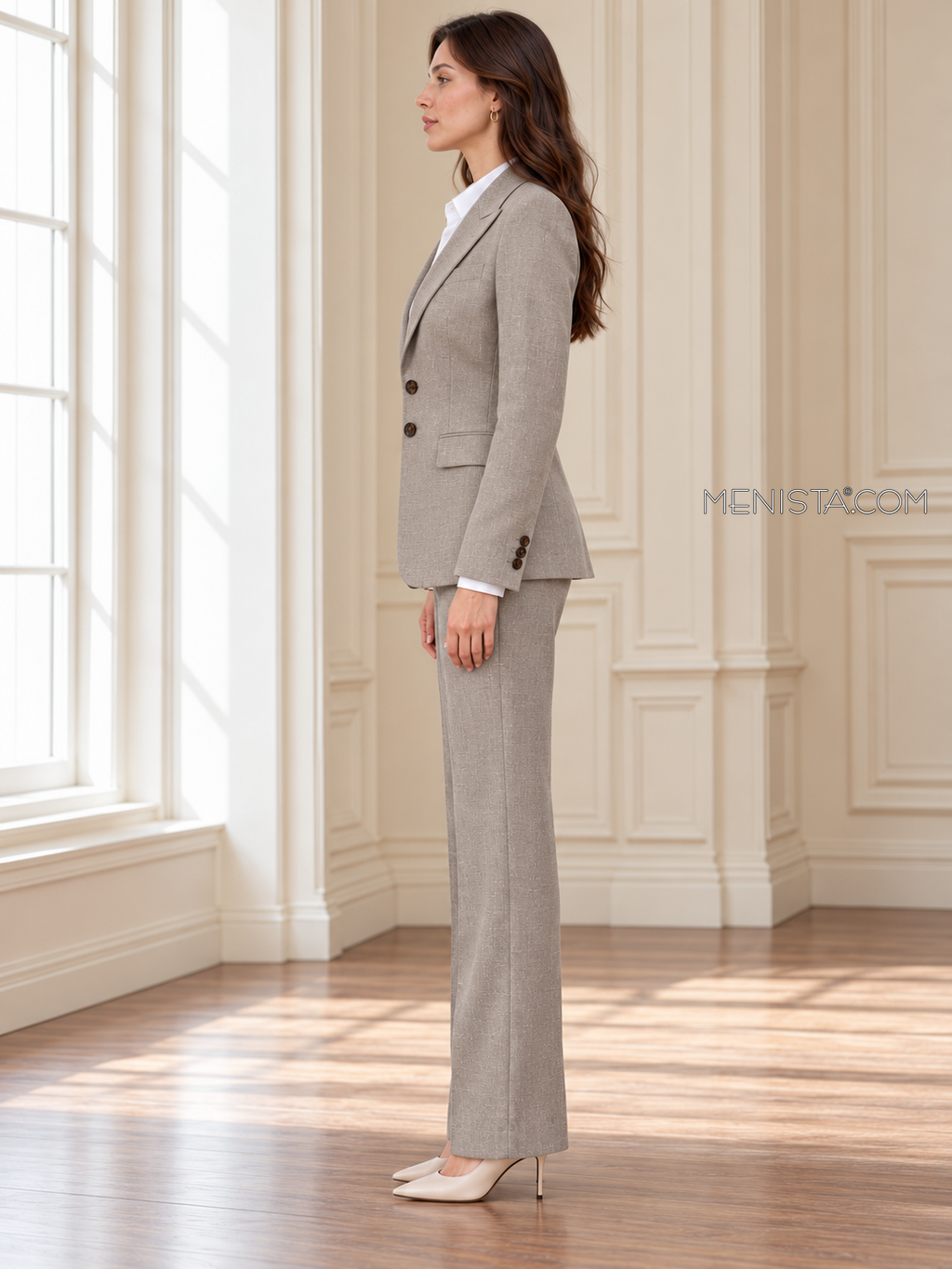 Demetria stone taupe linen suit, upright full-body side profile.