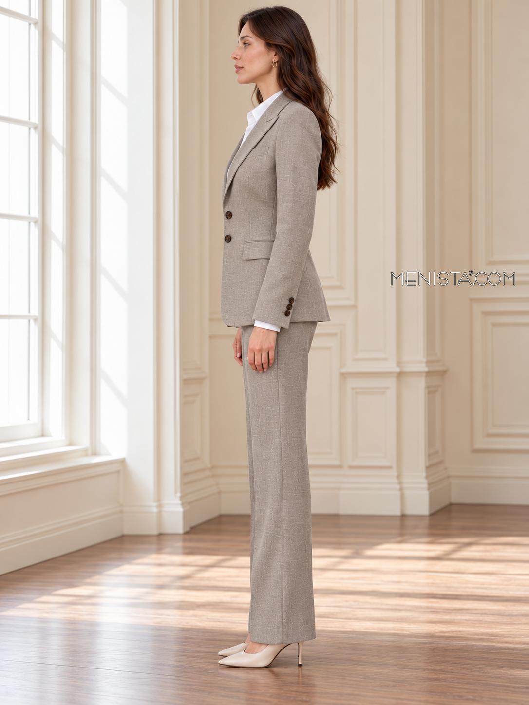 Demetria stone taupe linen suit, upright full-body side profile.
