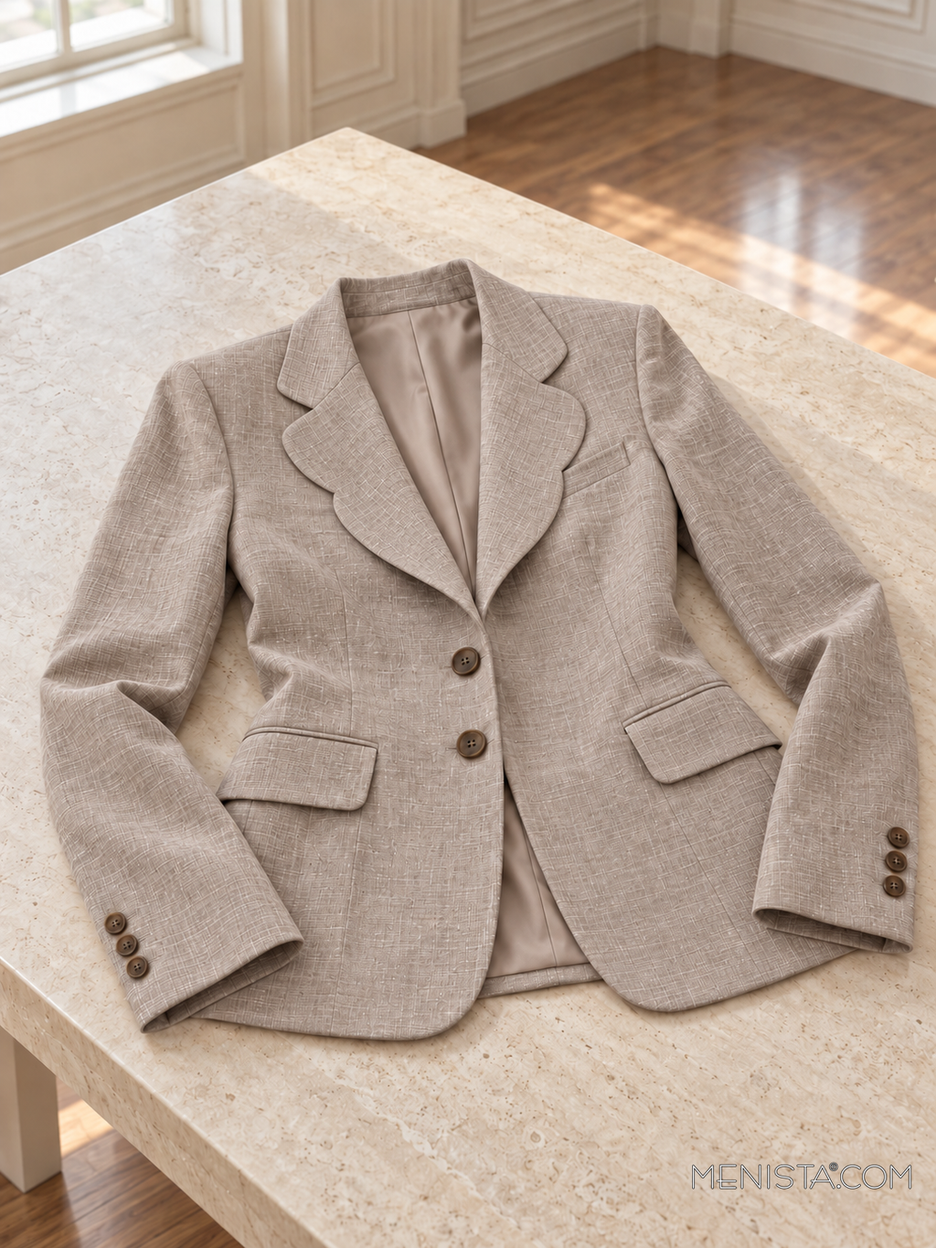 Dulcinea stone greige linen jacket spread flat on a stone table with both sleeves supported.