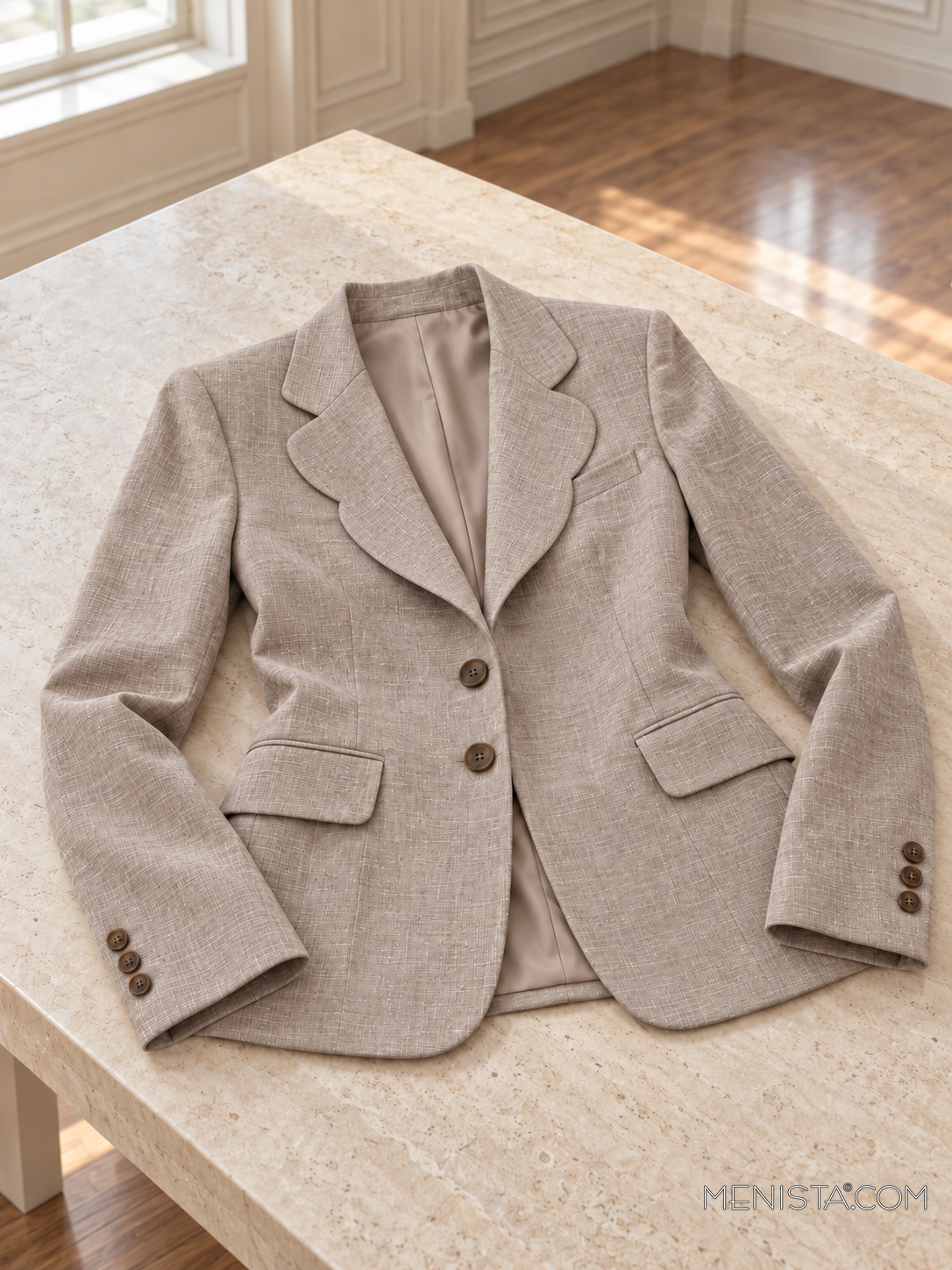 Dulcinea stone greige linen jacket spread flat on a stone table with both sleeves supported.