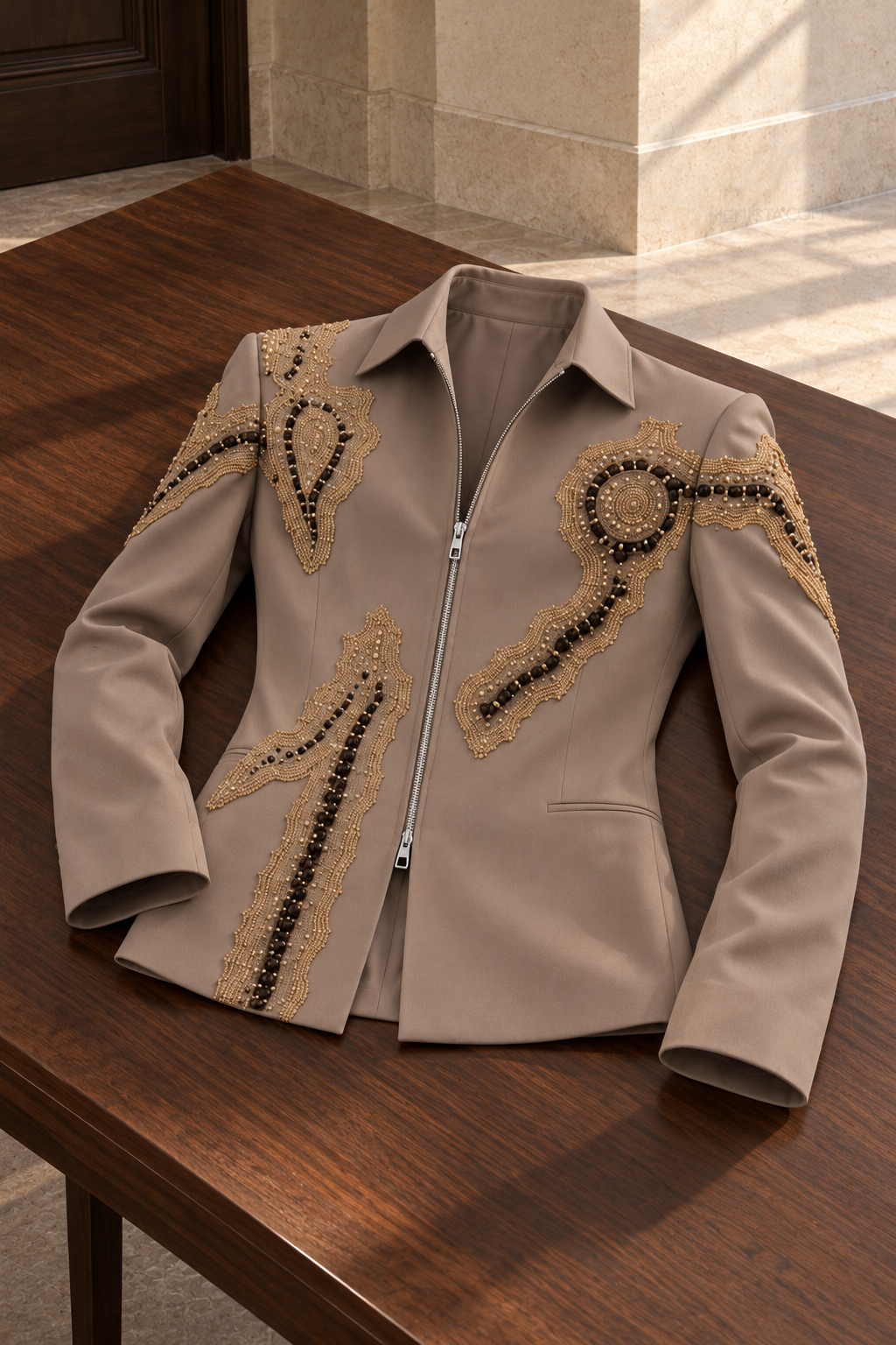 Elouan taupe zip-front jacket resting on a walnut table, showing its asymmetric embroidery, beaded detailing and plain cuffs.