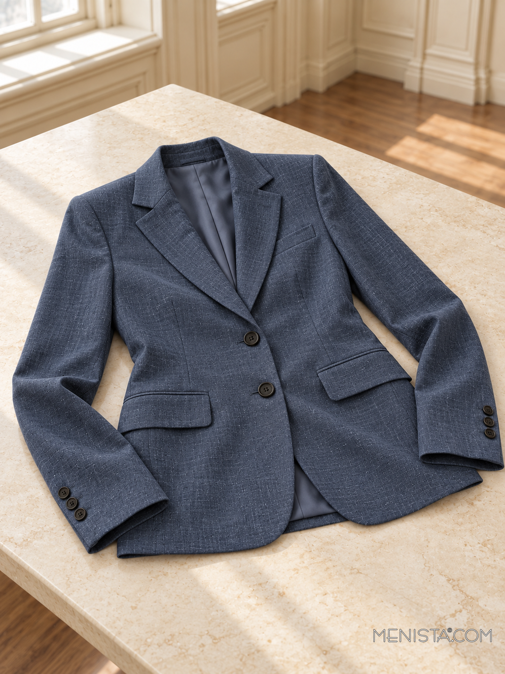 Esperance blue charcoal linen jacket spread flat on a stone table with both sleeves supported.