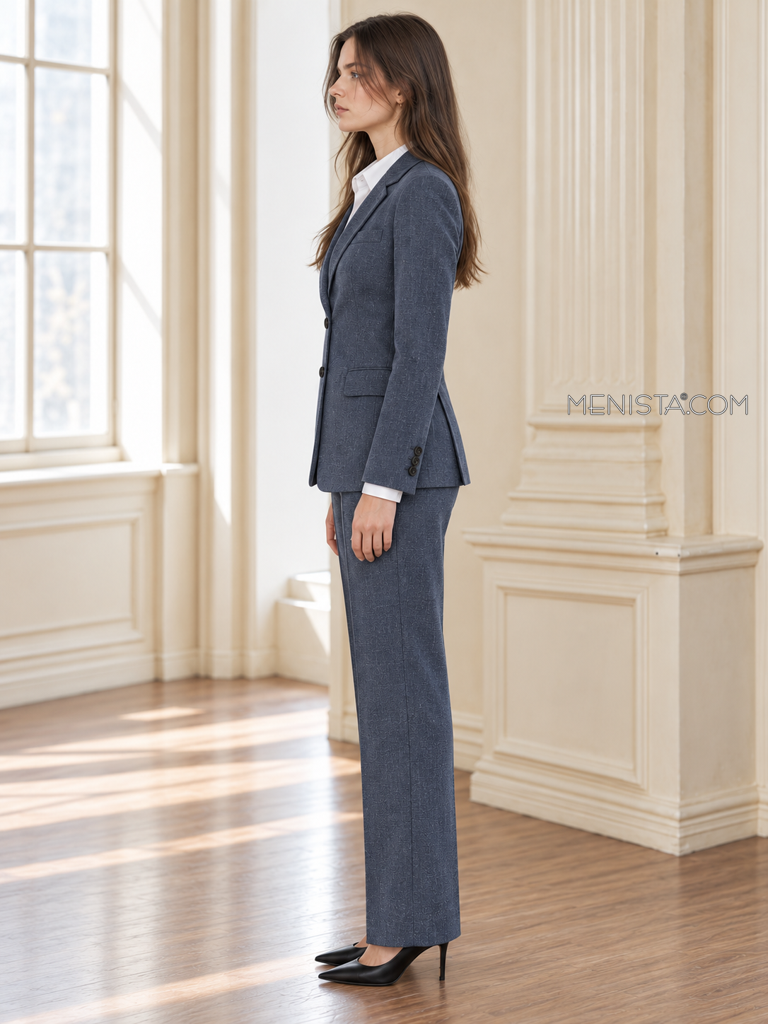 Esperance blue charcoal linen suit, upright full-body side profile.