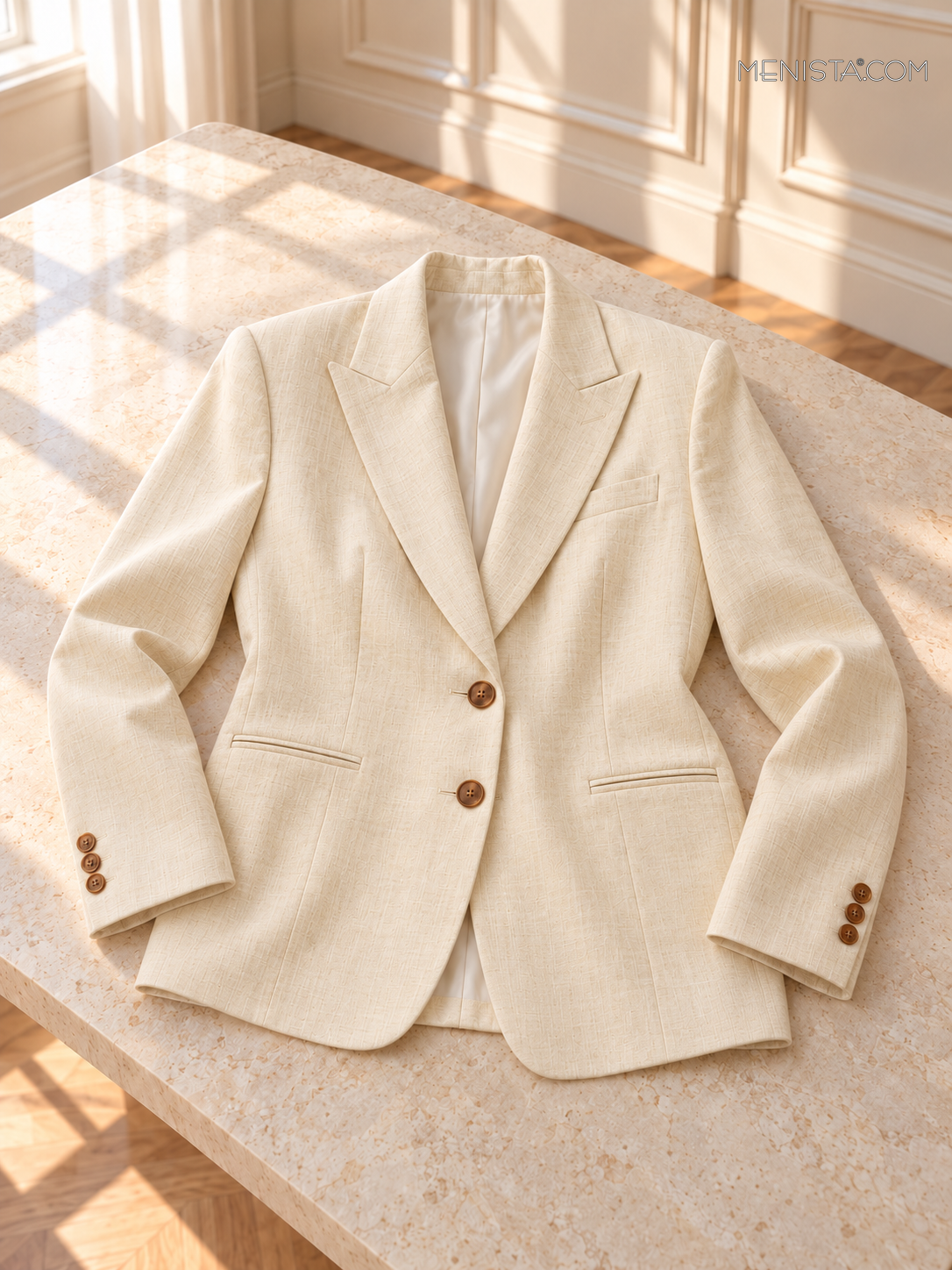 Eulalie women’s pale cream oversized linen suit, oversized jacket laid flat with both sleeves supported.