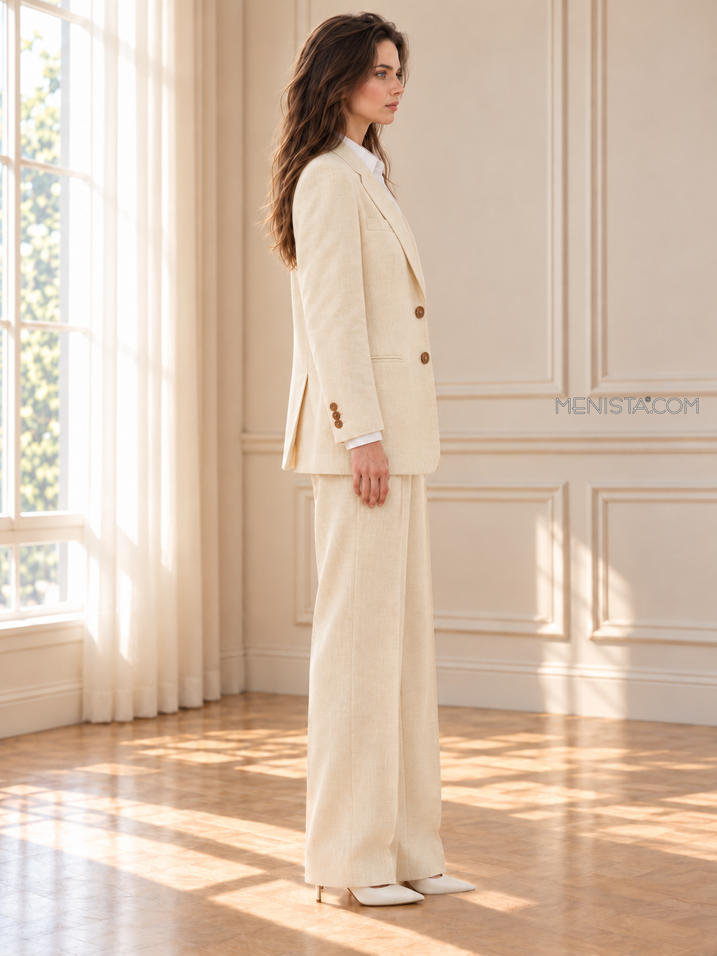 Eulalie women’s pale cream oversized linen suit, upright full-body side profile.