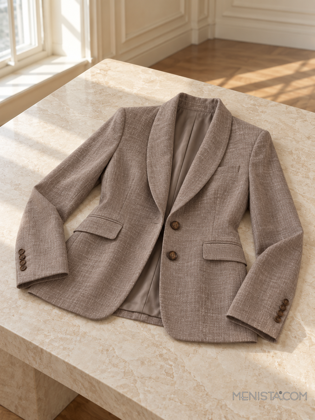 Euphrosyne heathered taupe linen jacket spread flat on a stone table with both sleeves supported.