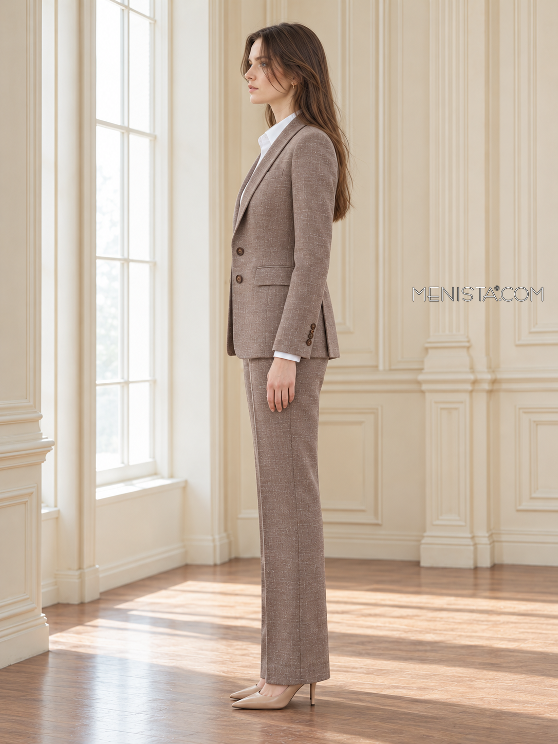 Euphrosyne heathered taupe linen suit, upright full-body side profile.