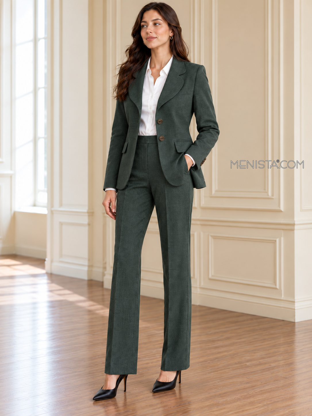 Fenella deep forest linen suit, gentle three-quarter view.