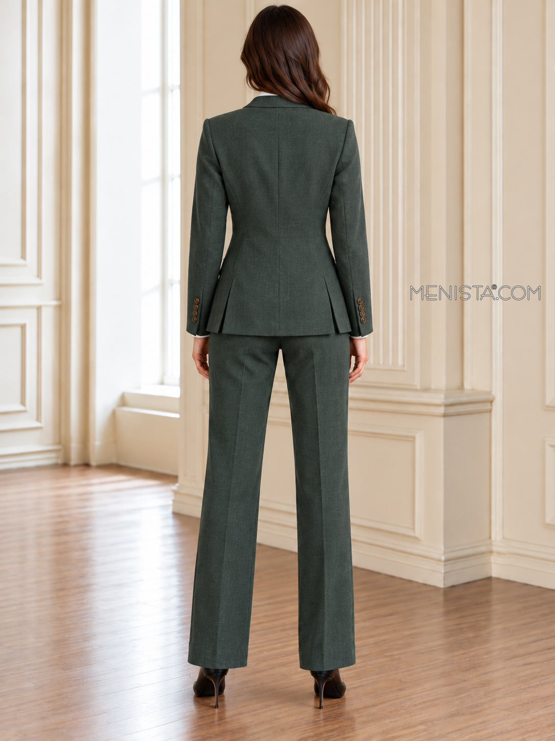 Back of Fenella linen jacket showing twin rear vents and matching full-length trousers.