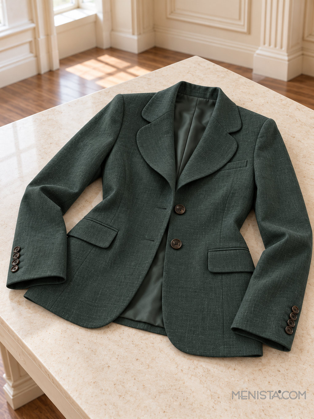 Fenella deep forest linen jacket spread flat on a stone table with both sleeves supported.
