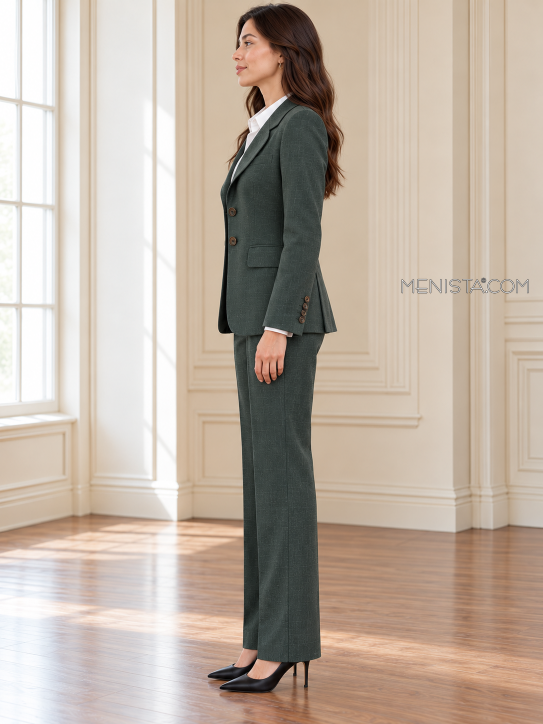 Fenella deep forest linen suit, upright full-body side profile.