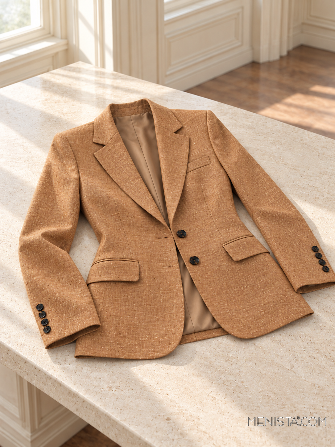 Ginevra camel linen jacket spread flat on a stone table with both sleeves supported.