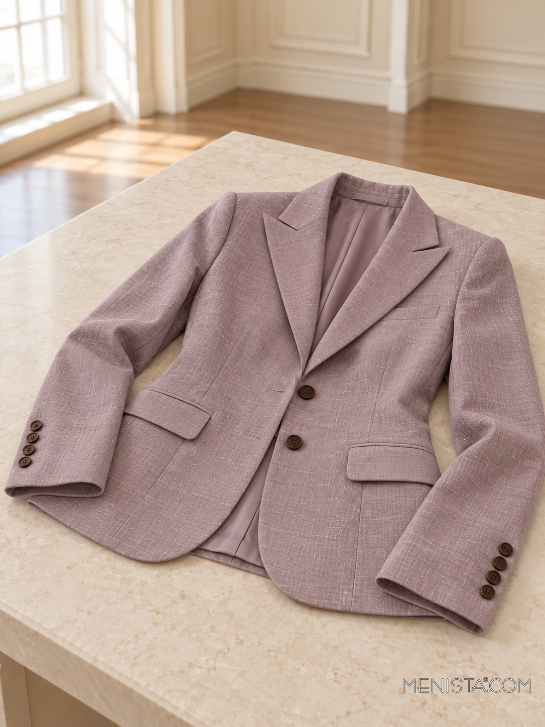 Heloise dusty lilac linen jacket spread flat on a stone table with both sleeves supported.