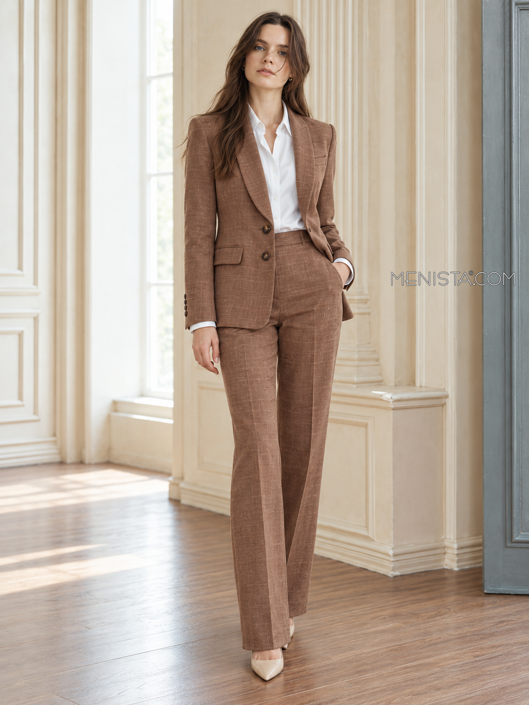 Ianthe women’s cocoa brown 100% linen two-piece suit, full-body front view.