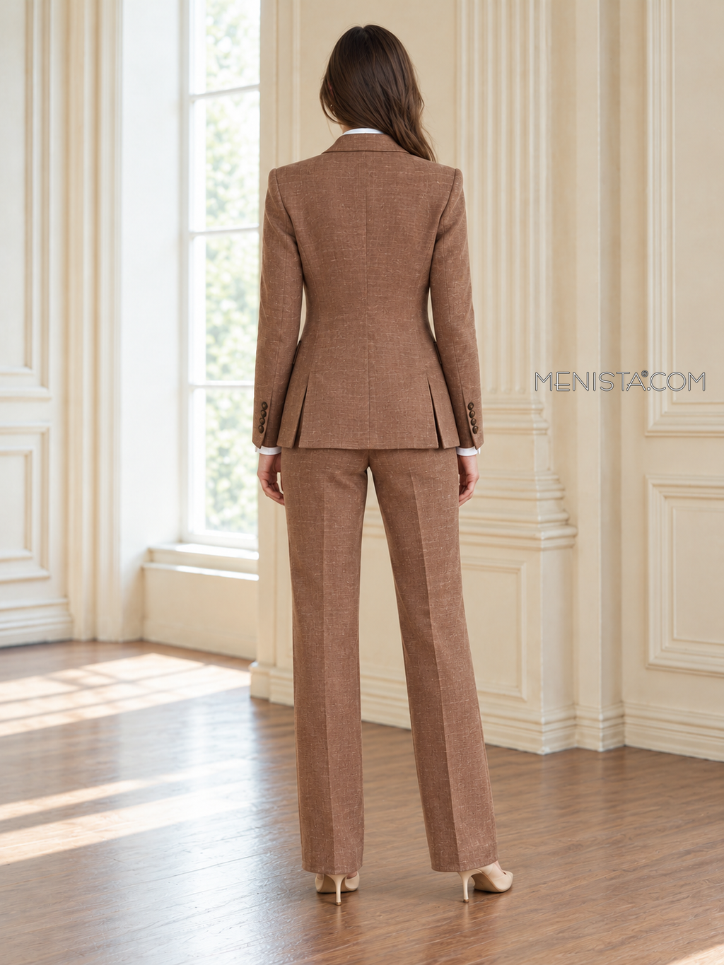 Back of Ianthe linen jacket showing twin rear vents and matching full-length trousers.