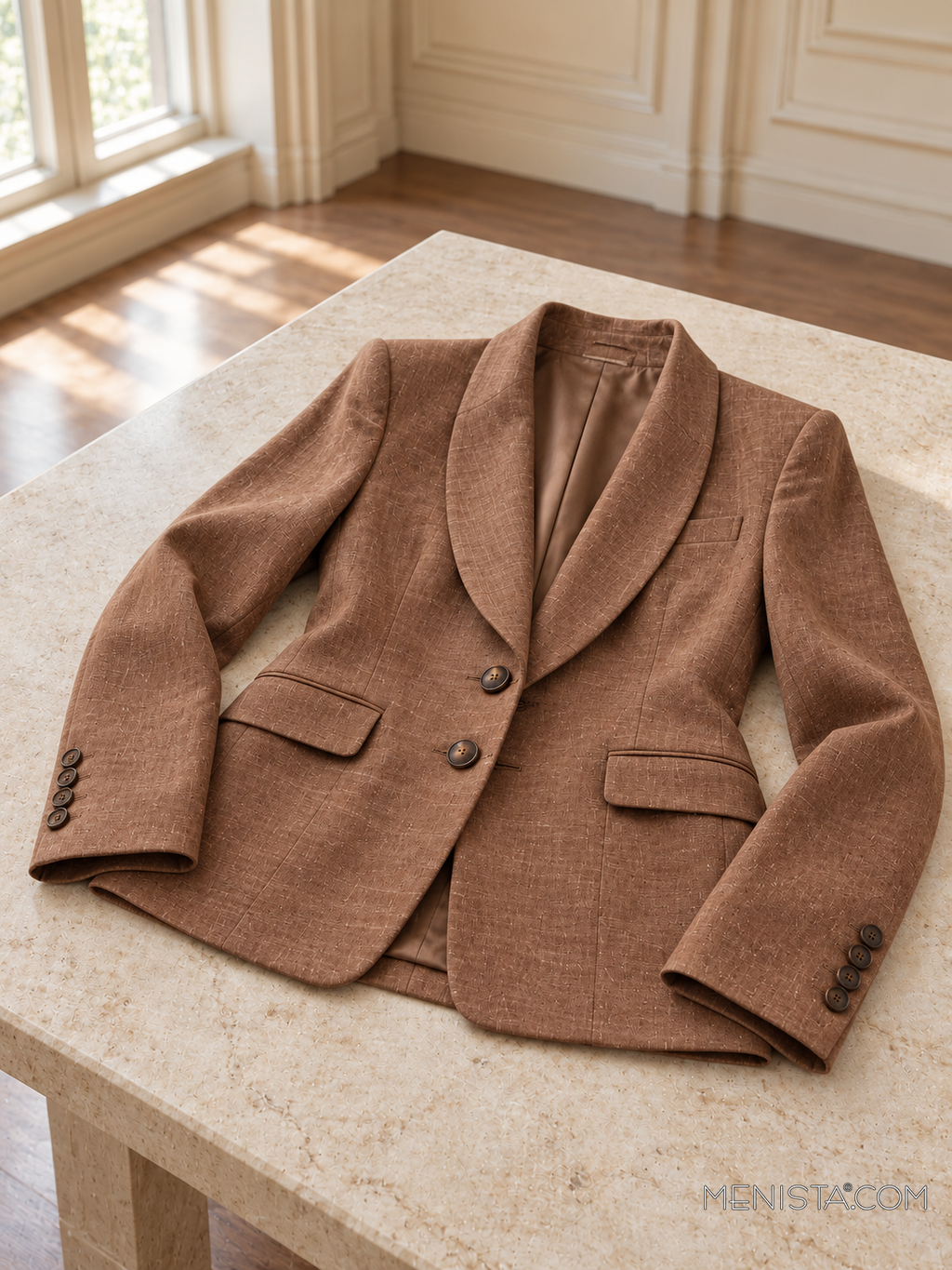 Ianthe cocoa brown linen jacket spread flat on a stone table with both sleeves supported.