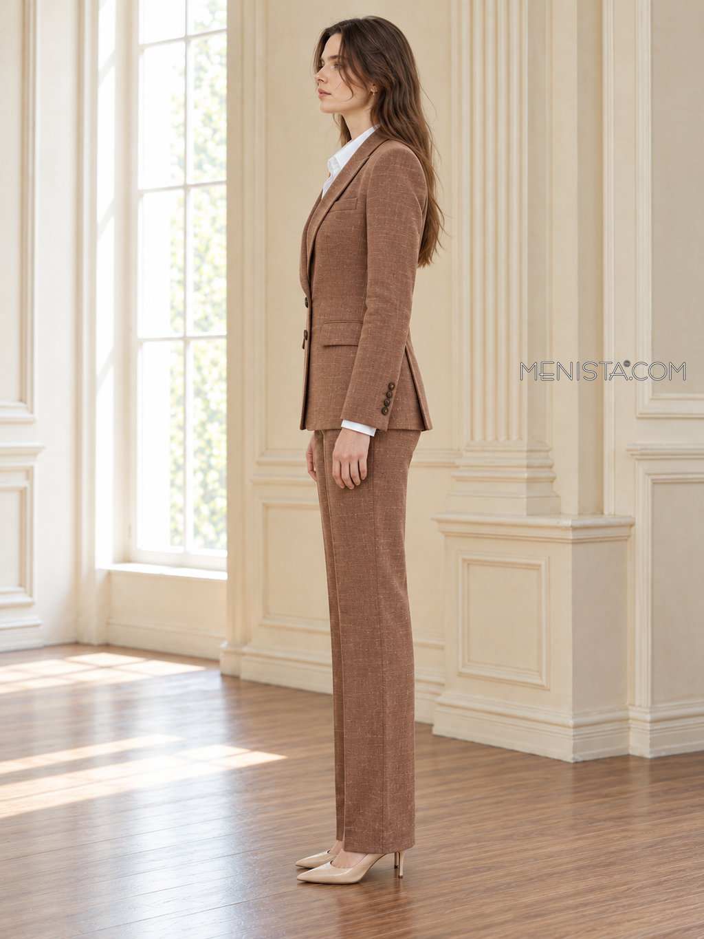 Ianthe cocoa brown linen suit, upright full-body side profile.