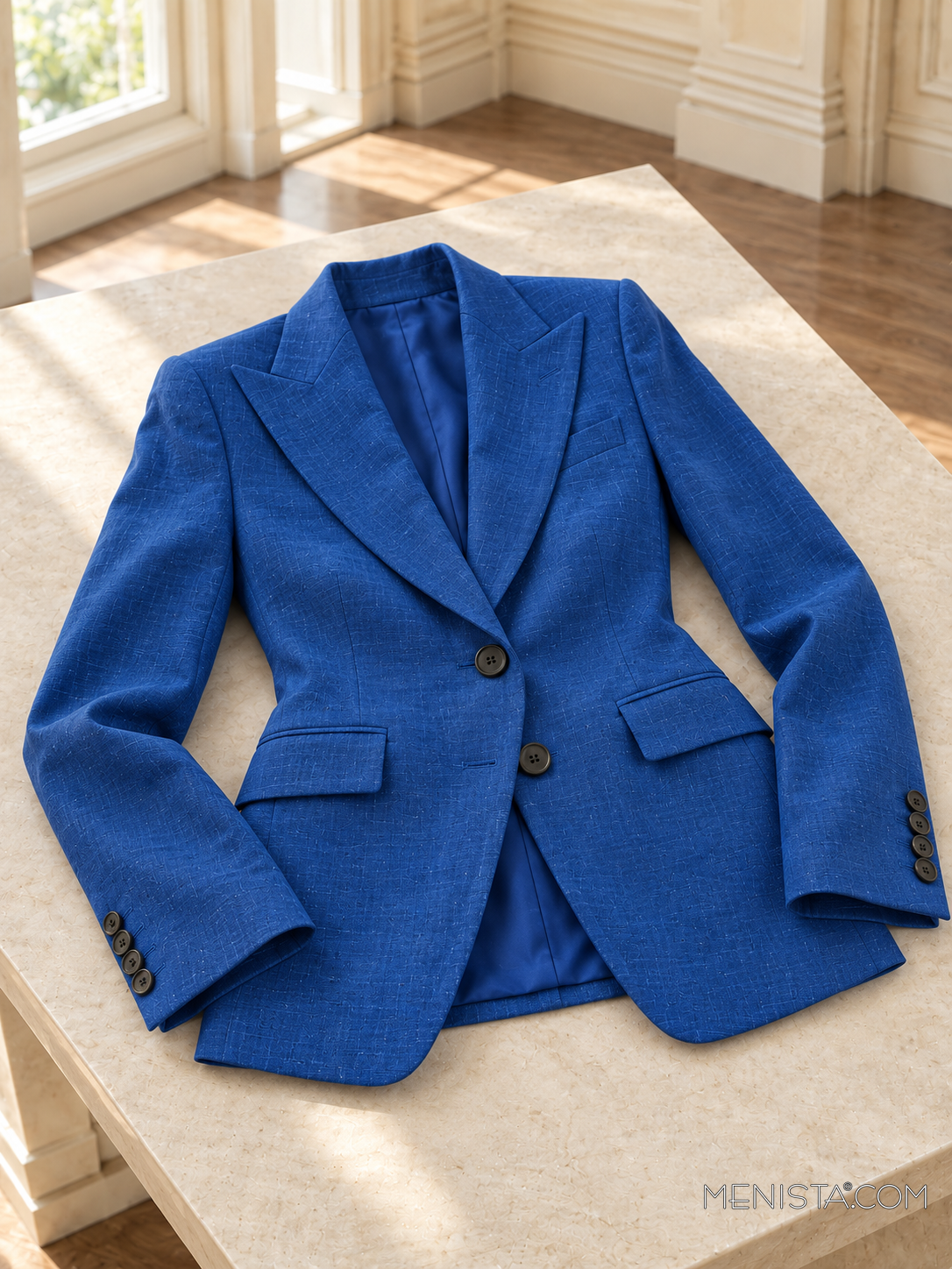 Iseult royal blue linen jacket spread flat on a stone table with both sleeves supported.