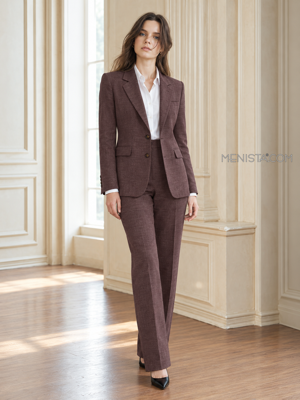 Katriel women’s deep aubergine 100% linen two-piece suit, full-body front view.