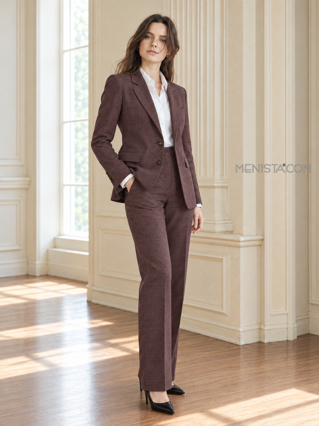 Katriel deep aubergine linen suit, gentle three-quarter view.