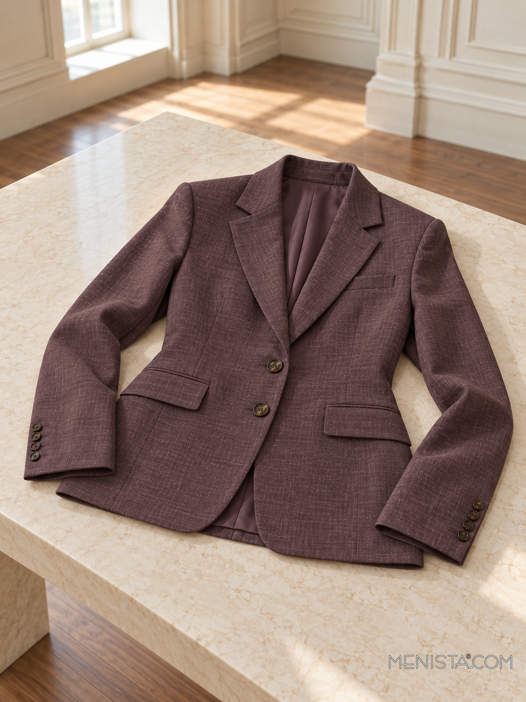 Katriel deep aubergine linen jacket spread flat on a stone table with both sleeves supported.