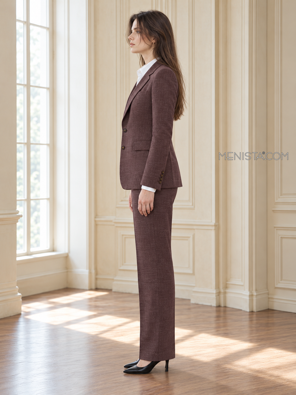 Katriel deep aubergine linen suit, upright full-body side profile.