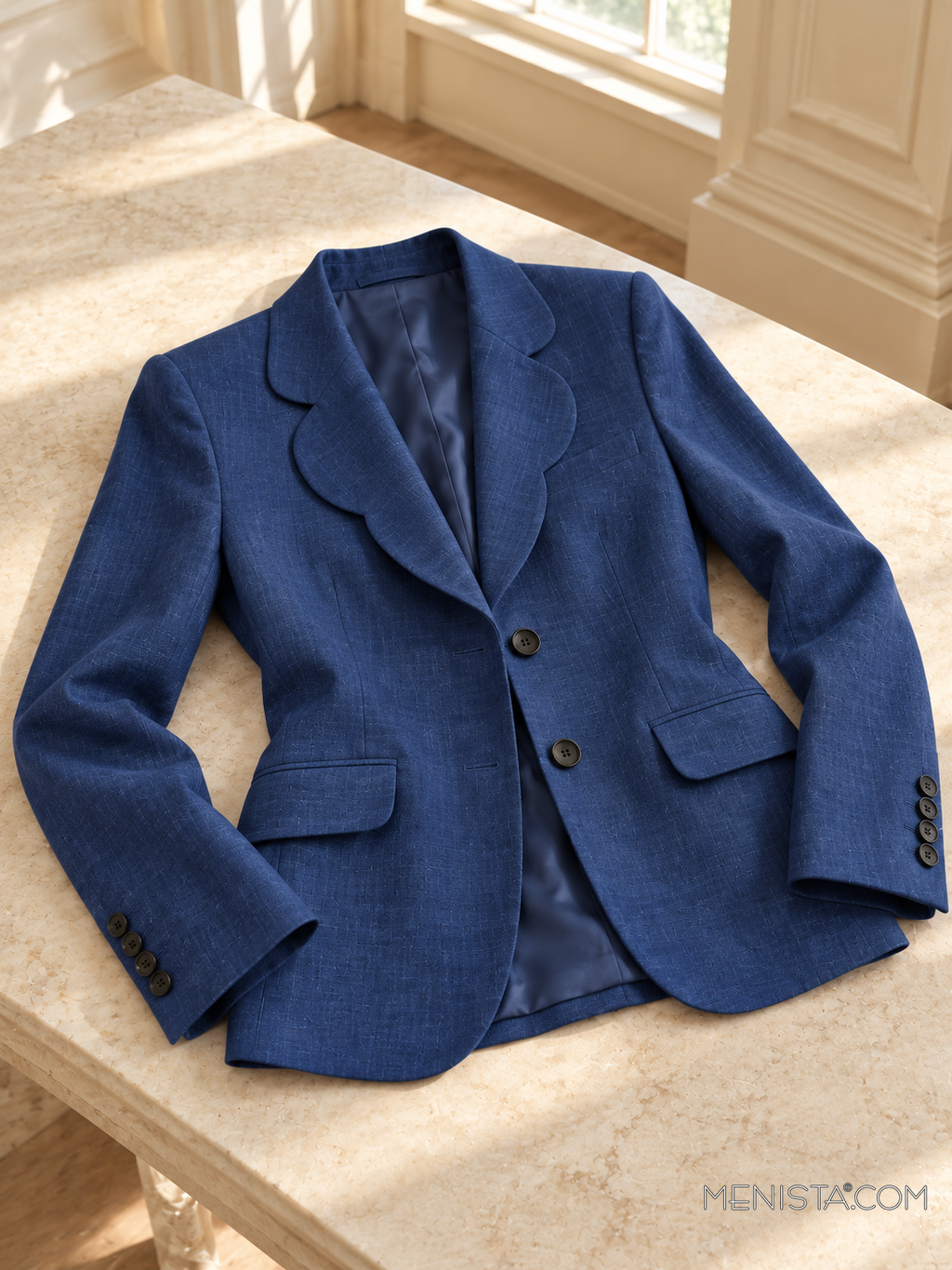 Kerensa deep indigo linen jacket spread flat on a stone table with both sleeves supported.