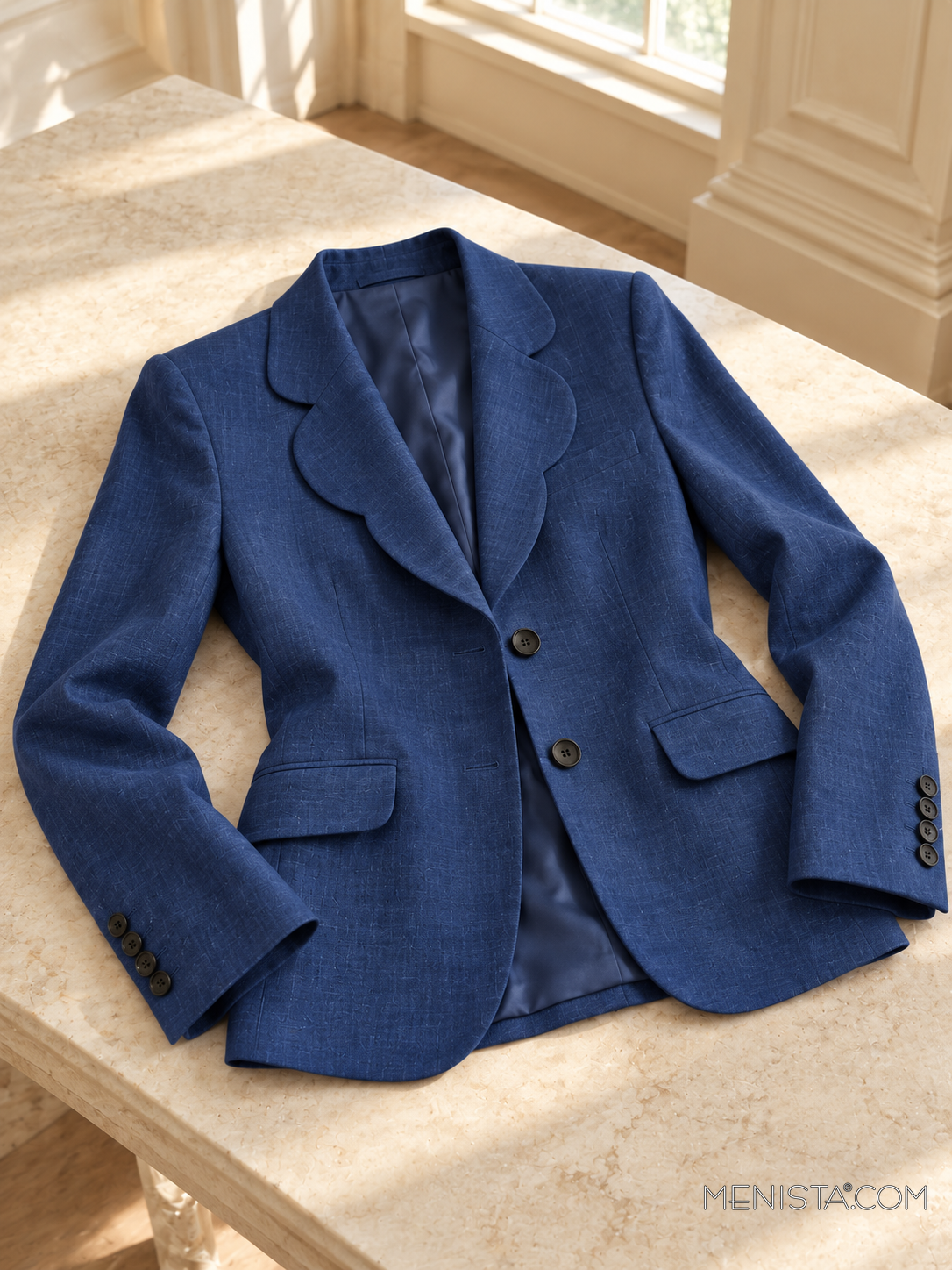 Kerensa deep indigo linen jacket spread flat on a stone table with both sleeves supported.