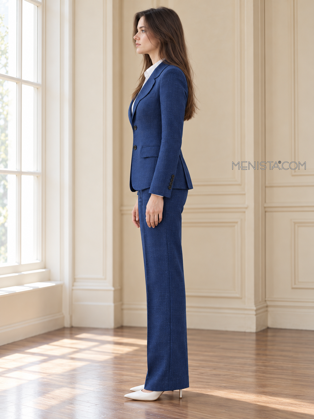 Kerensa deep indigo linen suit, upright full-body side profile.