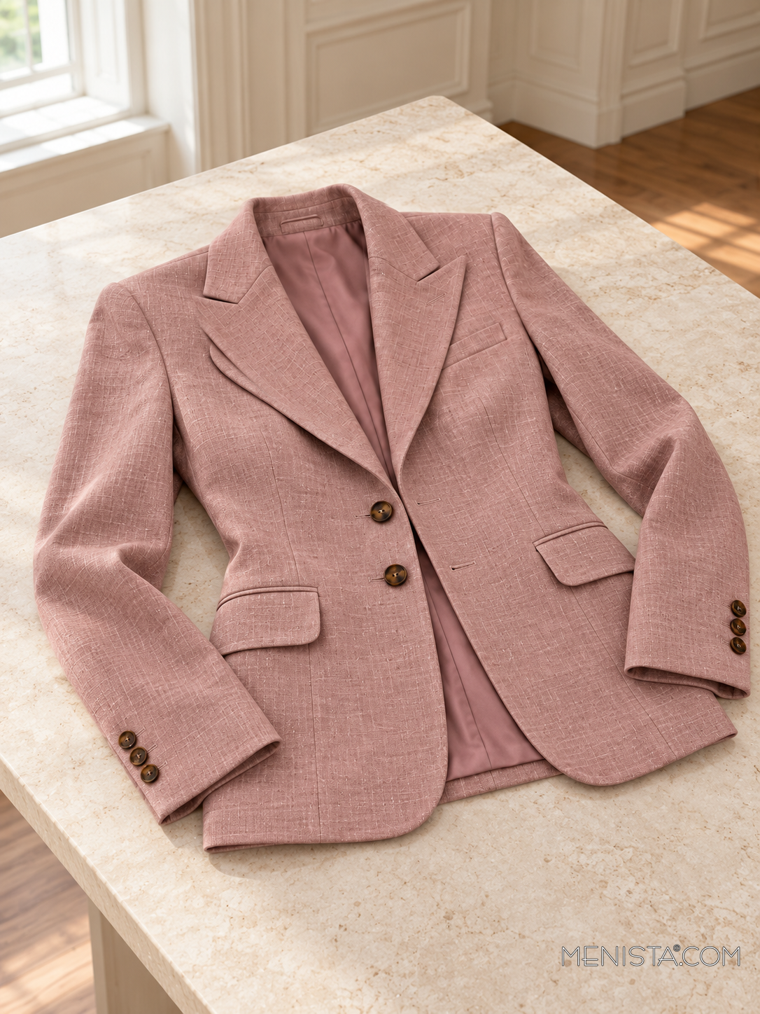 Leonora dusty blush linen jacket spread flat on a stone table with both sleeves supported.