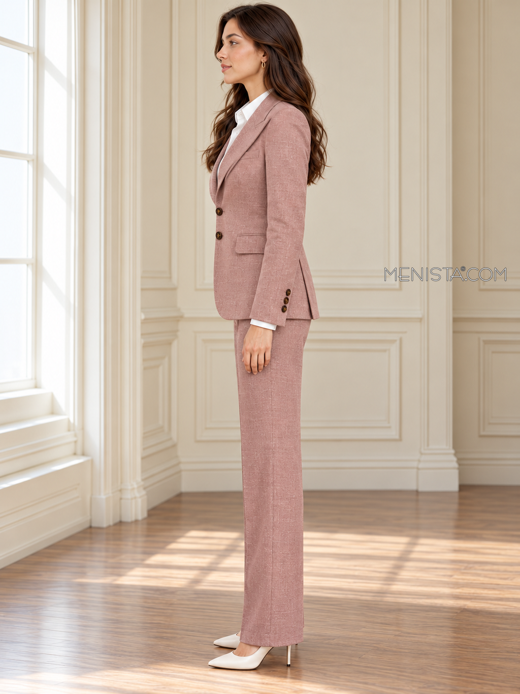 Leonora dusty blush linen suit, upright full-body side profile.