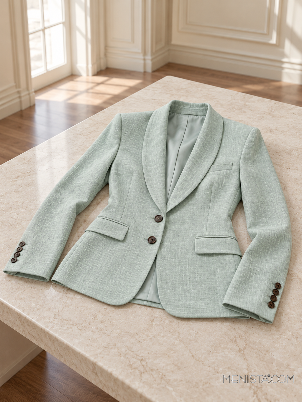Melisande pale mint linen jacket spread flat on a stone table with both sleeves supported.