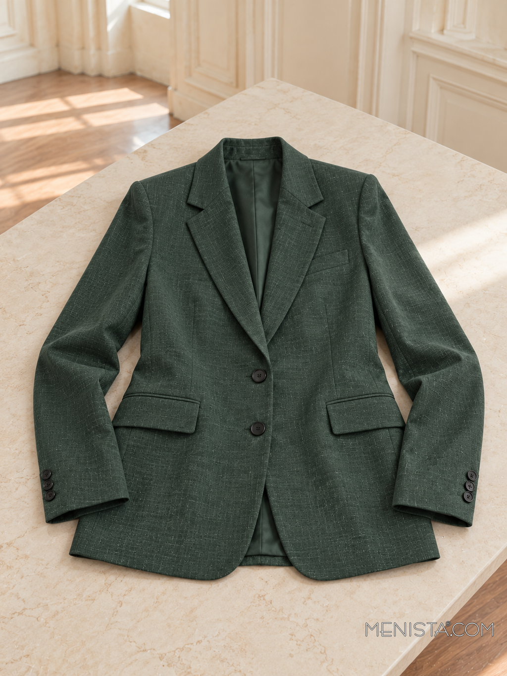 Mirabelle forest green linen jacket laid flat and spread on a stone table with both sleeves supported.