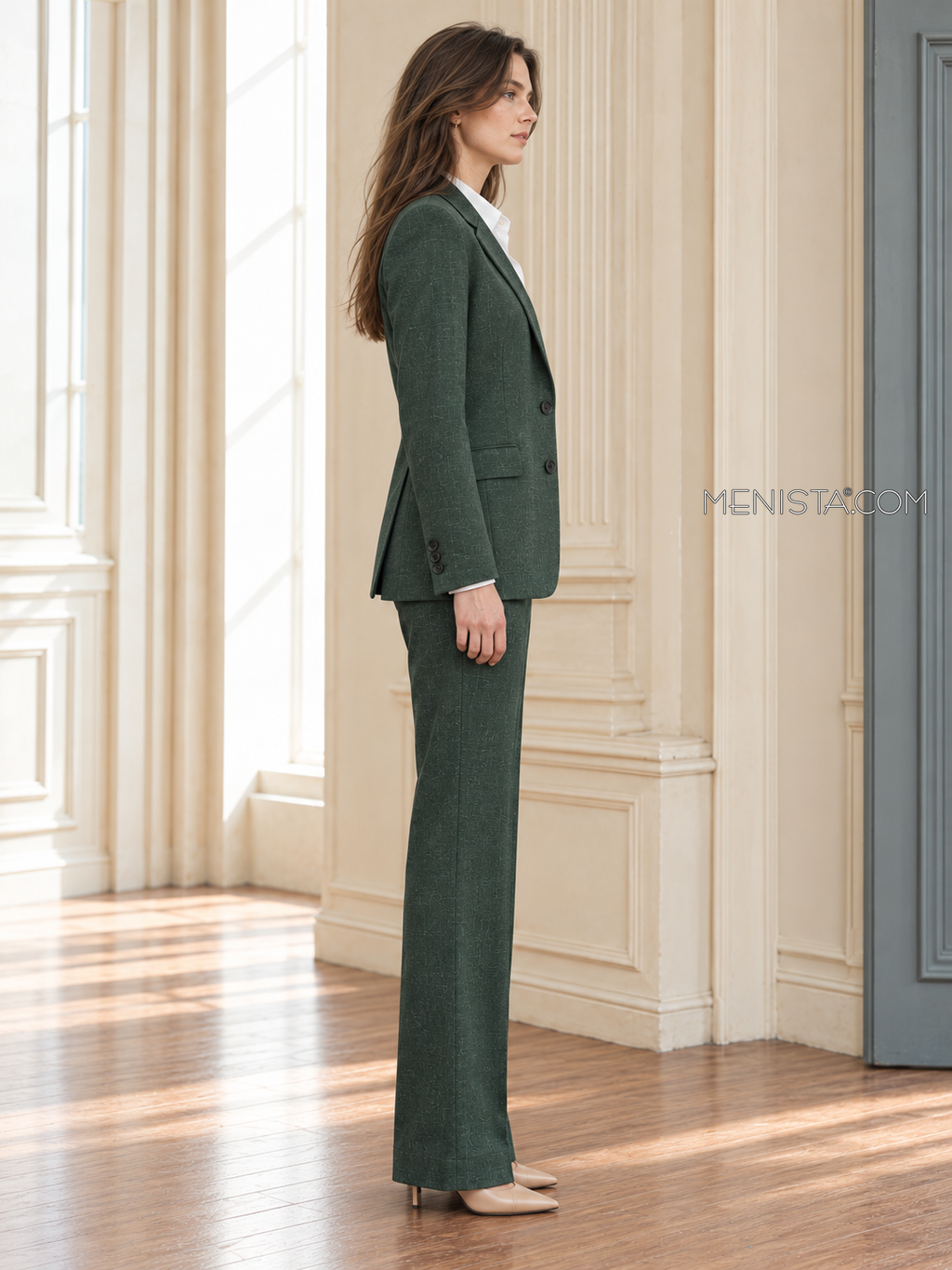 Mirabelle women’s forest green linen suit, upright full-body side profile.