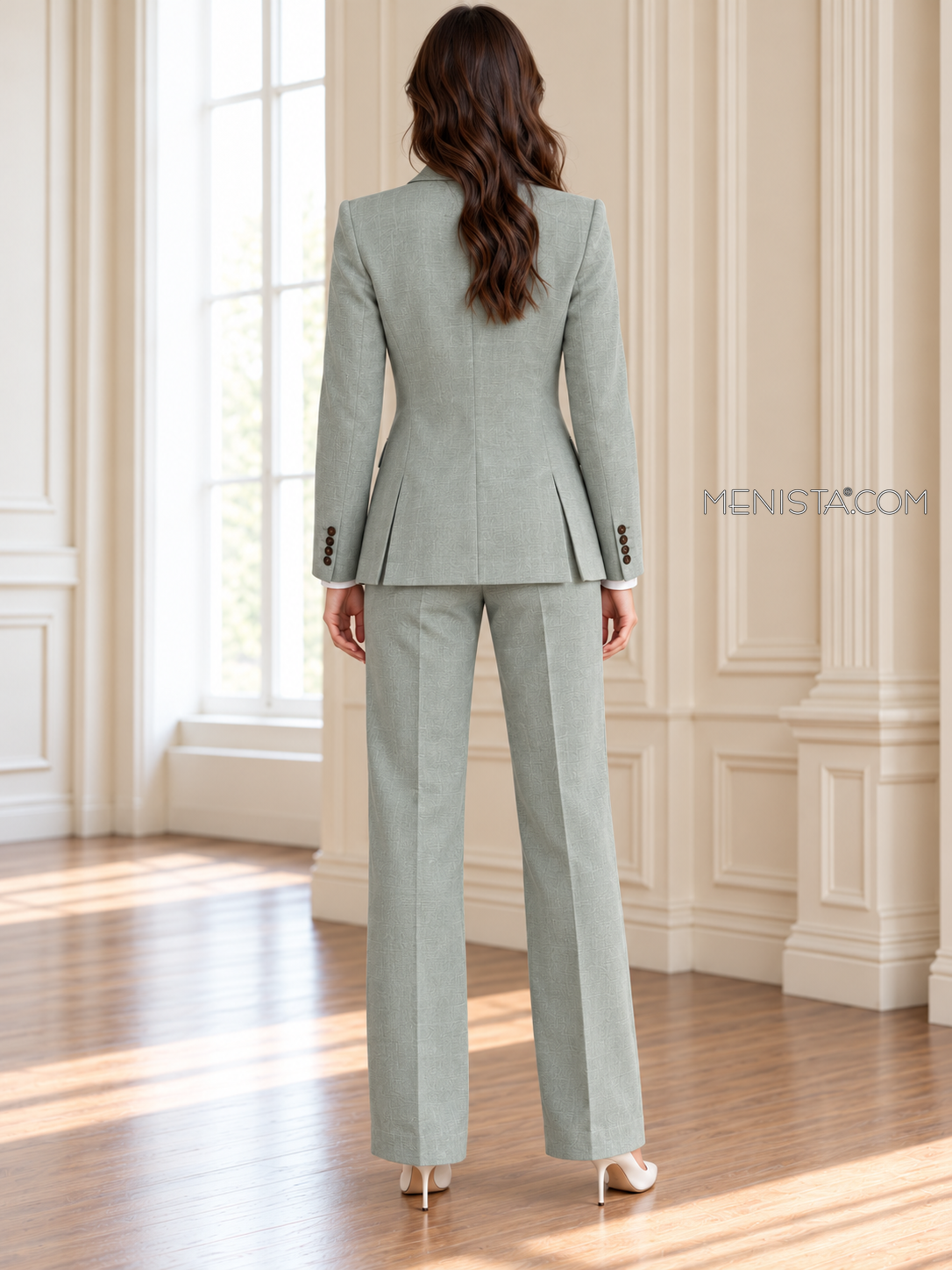 Back of Nerina linen jacket showing twin rear vents and matching full-length trousers.