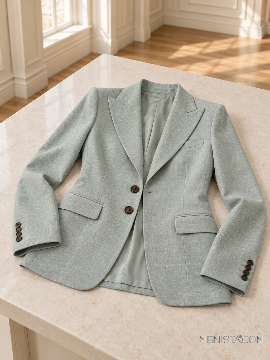 Nerina pale sage linen jacket spread flat on a stone table with both sleeves supported.
