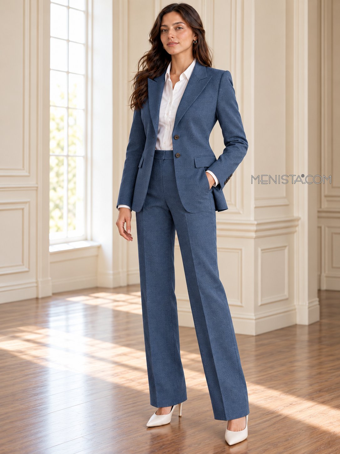 Nimue deep denim blue linen suit, gentle three-quarter view.