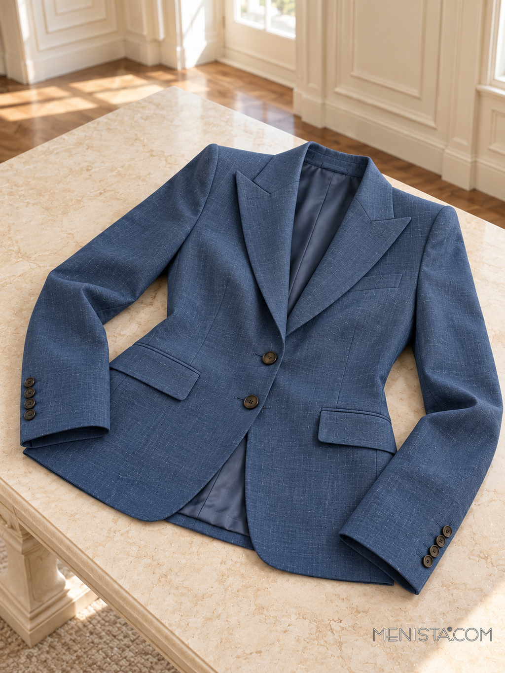 Nimue deep denim blue linen jacket spread flat on a stone table with both sleeves supported.