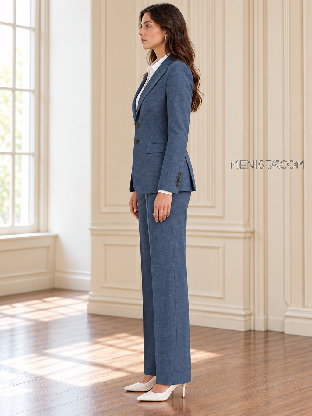 Nimue deep denim blue linen suit, upright full-body side profile.