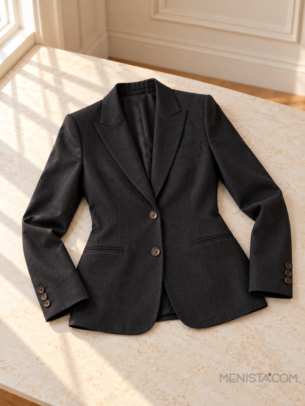 Noemie black charcoal linen jacket laid flat and spread on a stone table with both sleeves supported.