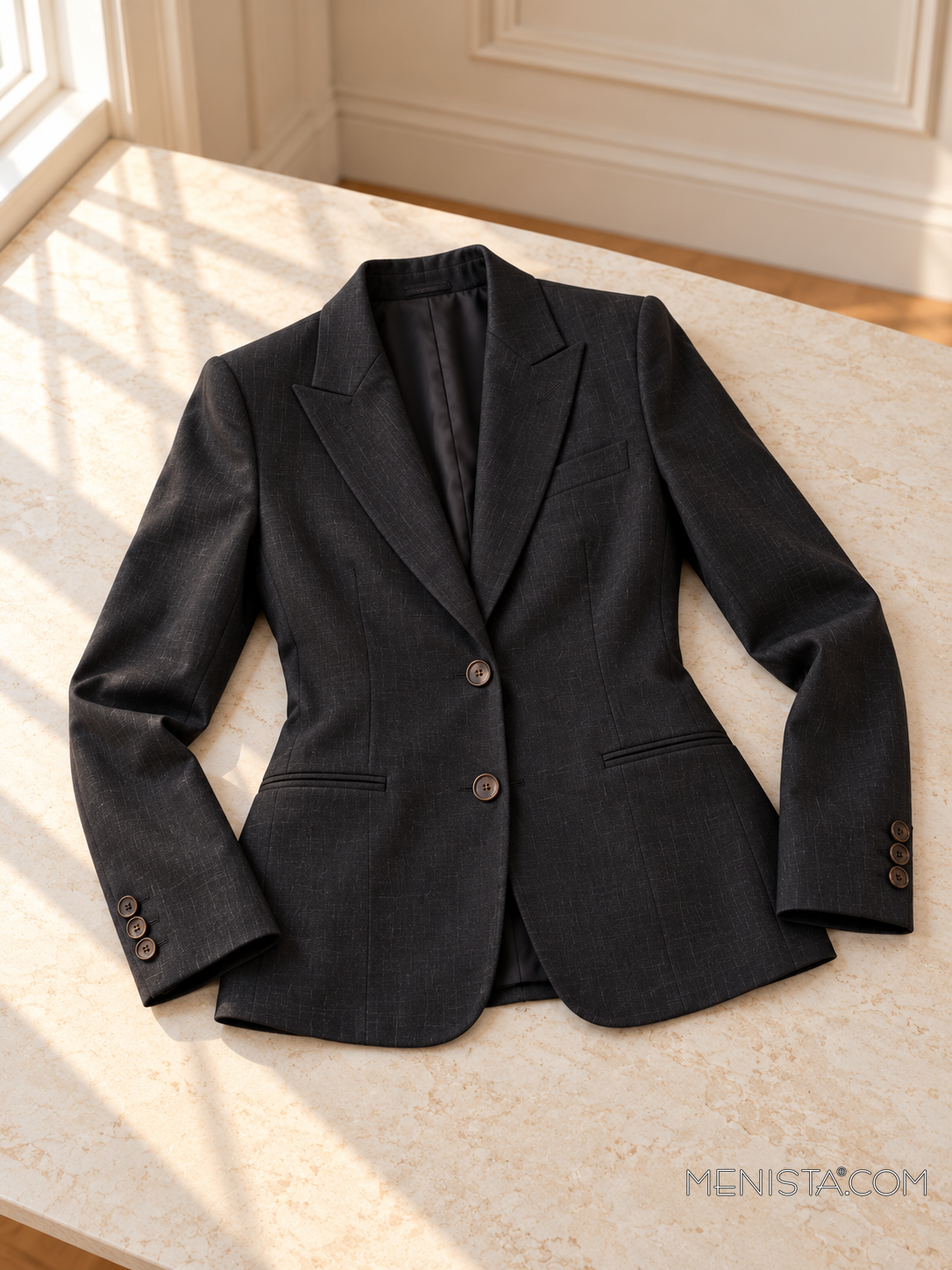 Noemie black charcoal linen jacket laid flat and spread on a stone table with both sleeves supported.