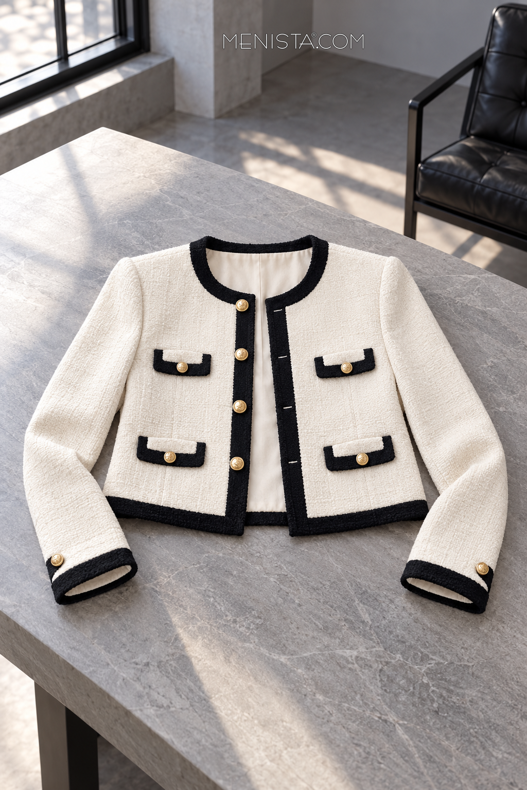 Odeline ivory and black jacket spread flat on a stone table, with both sleeves supported.