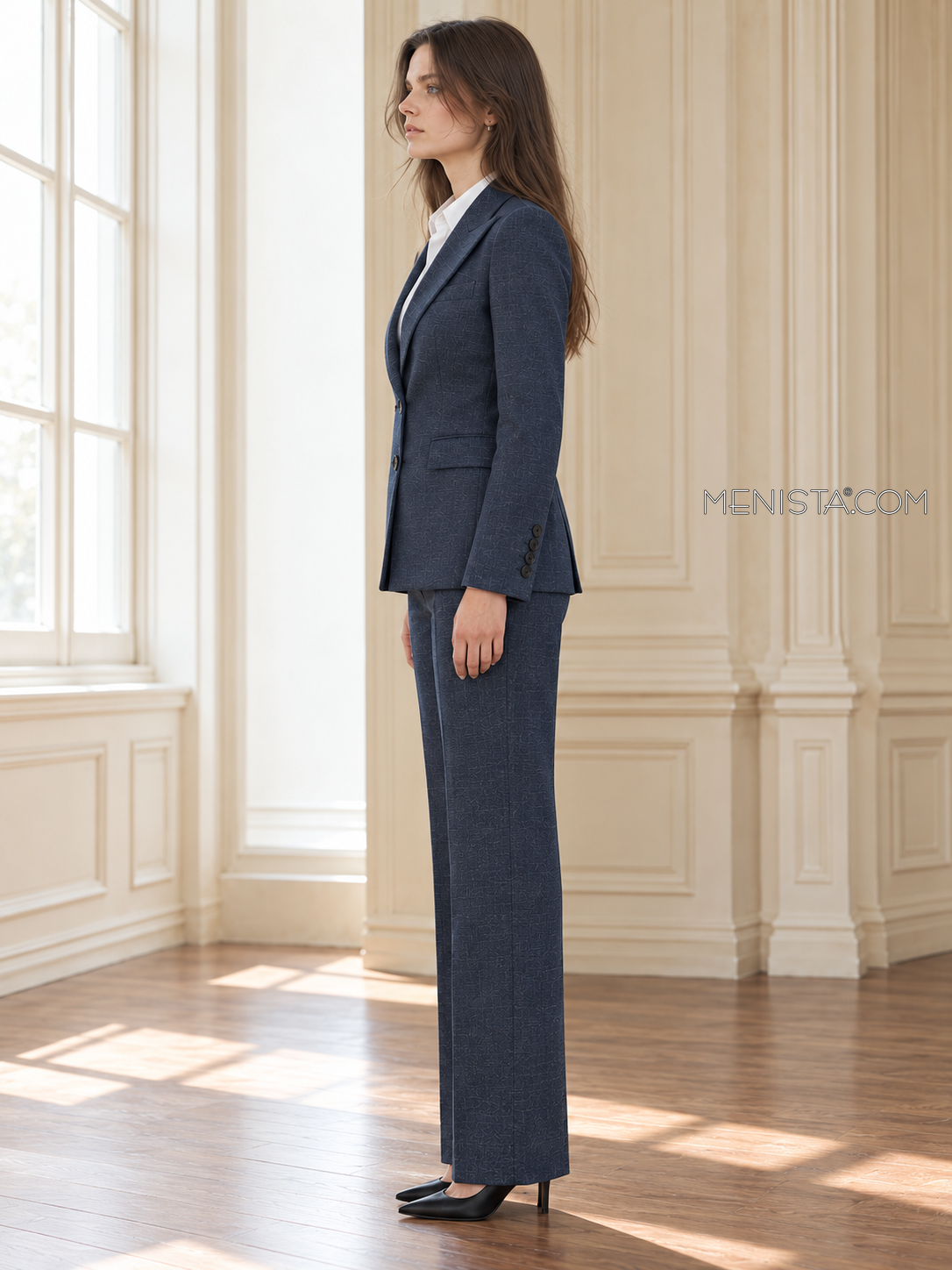 Opaline blue black heather linen suit, upright full-body side profile.