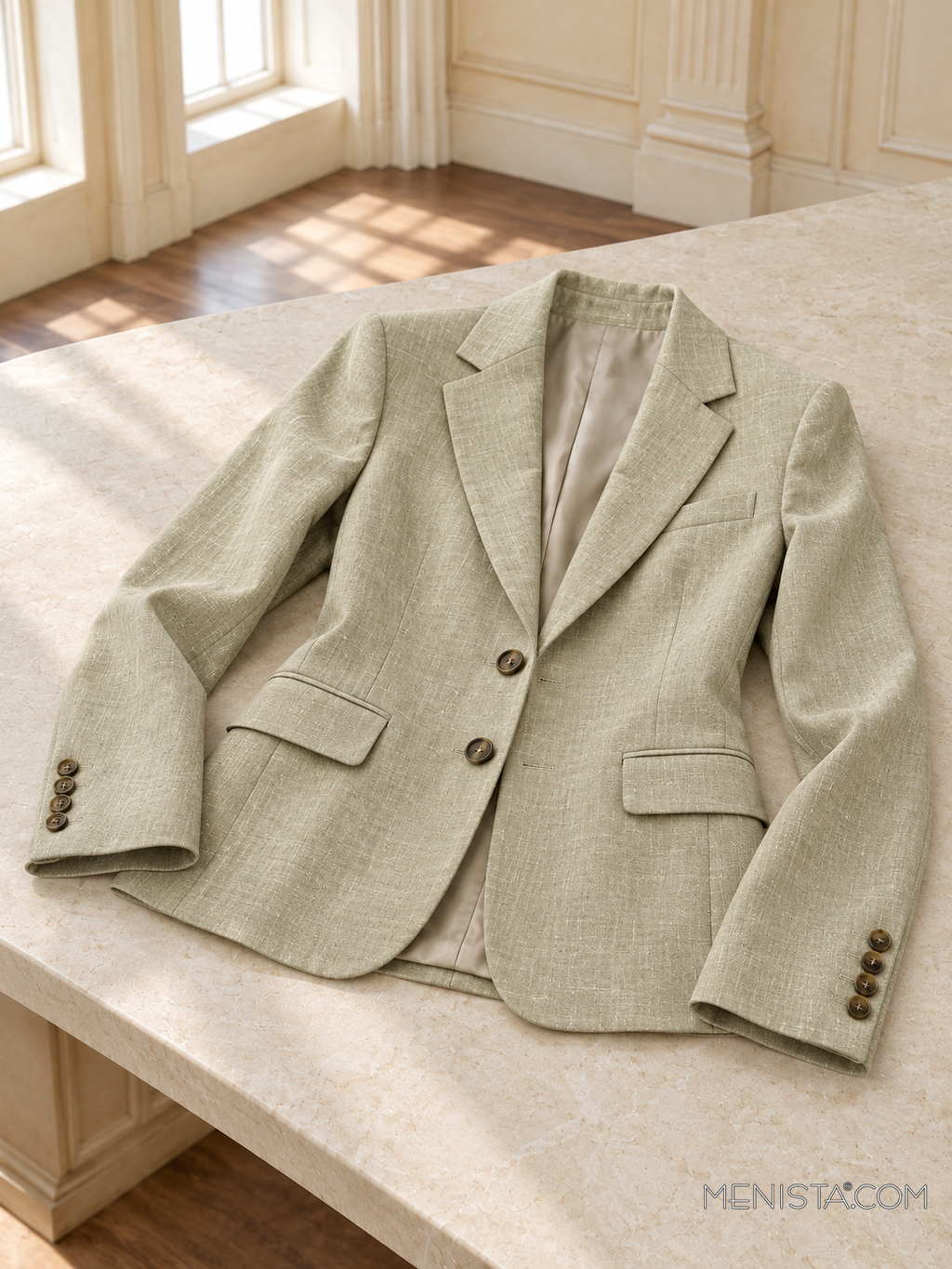 Oriane light khaki linen jacket spread flat on a stone table with both sleeves supported.