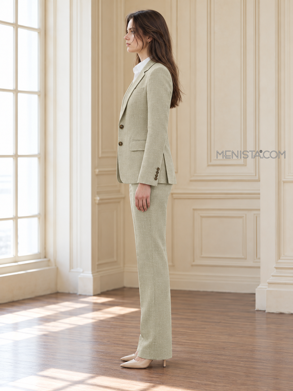 Oriane light khaki linen suit, upright full-body side profile.