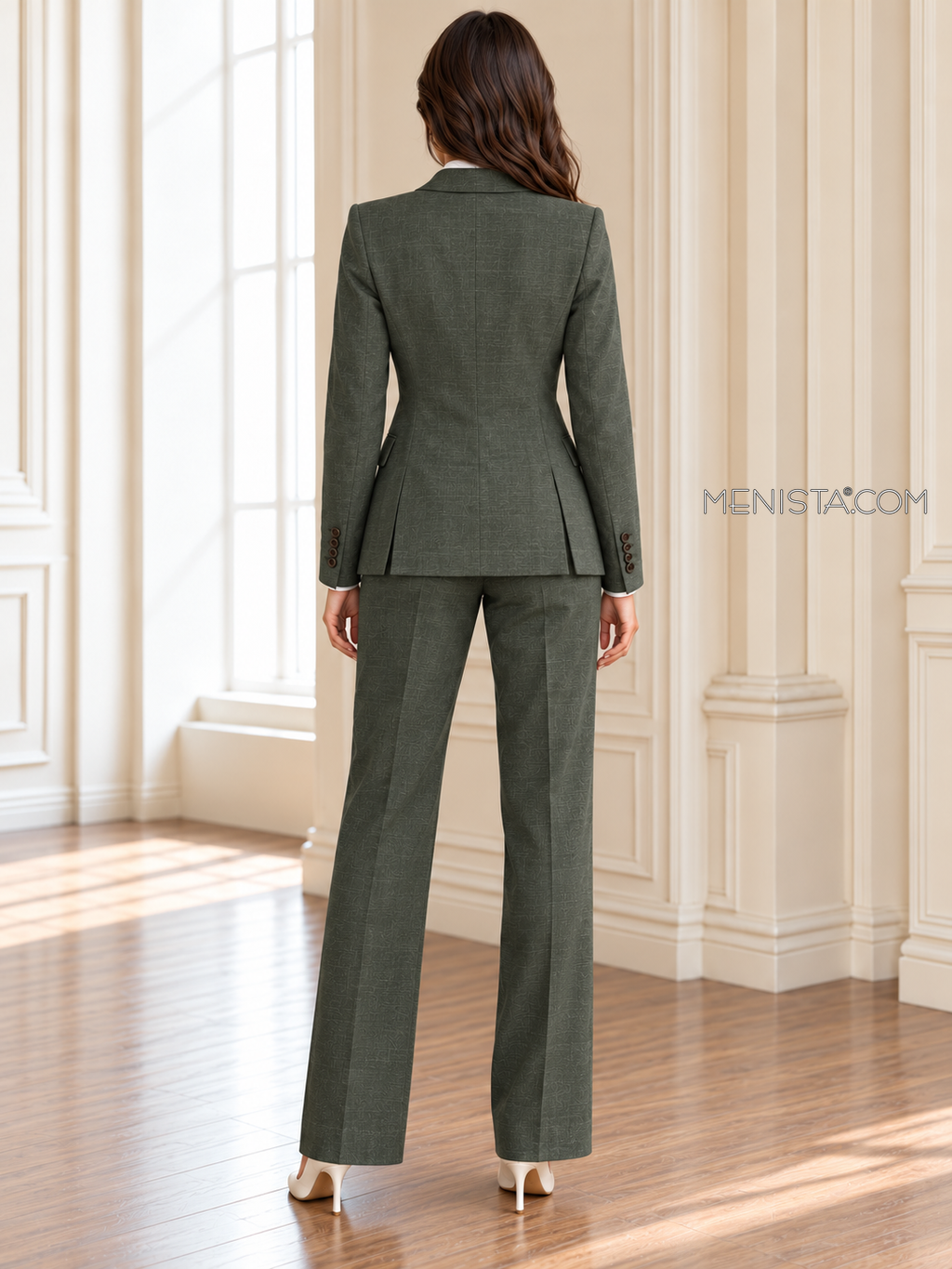 Back of Philomene linen jacket showing twin rear vents and matching full-length trousers.