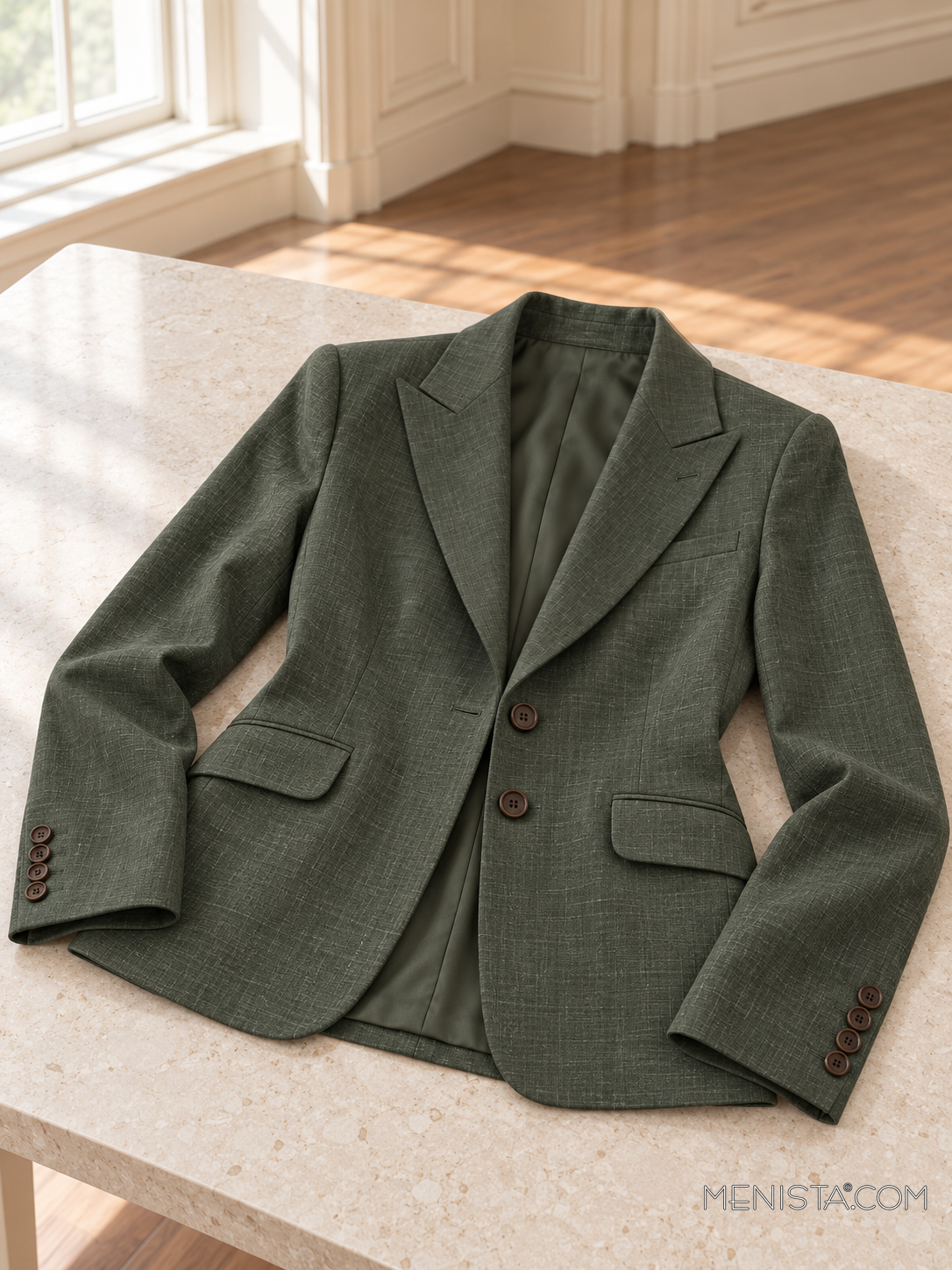 Philomene dark olive linen jacket spread flat on a stone table with both sleeves supported.