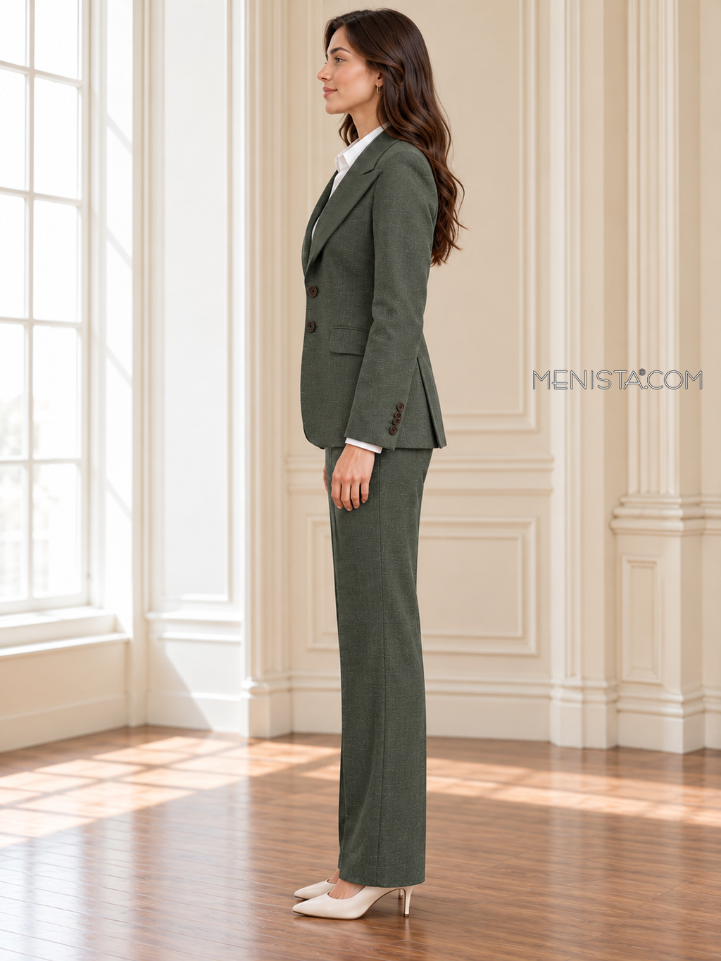 Philomene dark olive linen suit, upright full-body side profile.